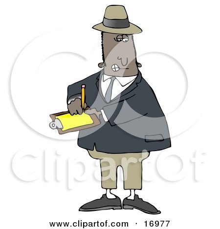 People Clipart Illustration Image of a Male African American Inspector In A Hat And Suit, Writing Notes On A Clip Board While Investigating by djart