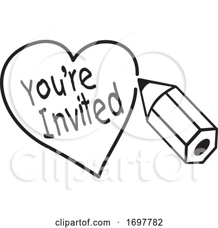 Black and White Pencil Drawing a Heart Around Youre Invited Text by Johnny Sajem