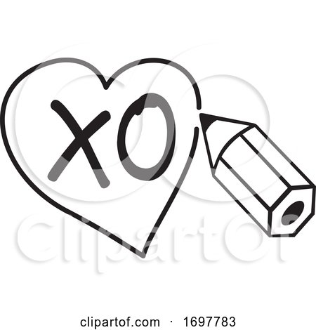 Black and White Pencil Drawing a Heart Around XO Text by Johnny Sajem