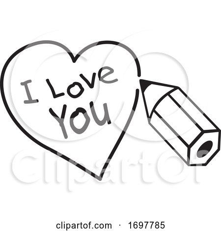 Black and White Pencil Drawing a Heart Around I Love You Text by Johnny Sajem