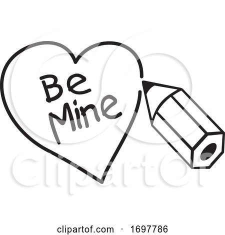 Black and White Pencil Drawing a Heart Around Be Mine Text by Johnny Sajem