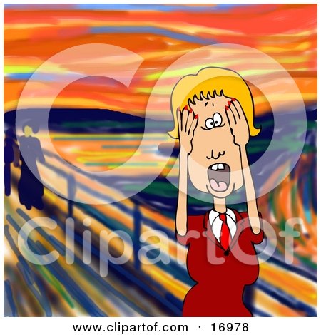 People Clipart Illustration Image of a Stressed Out Blond Caucasian Business Woman Holding Her Hands to Her Cheeks While Screaming, a Humorous Parody of The Scream by Edvard Munch by djart