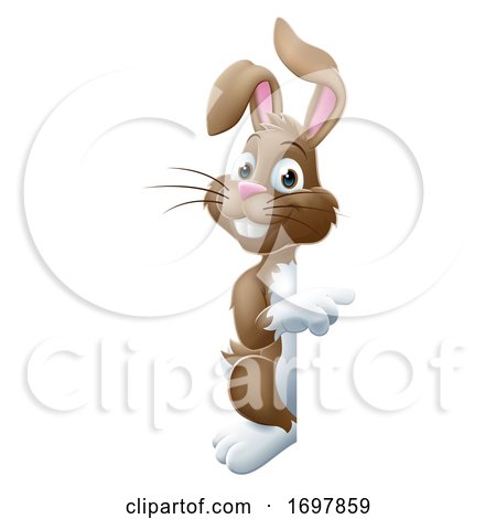 Easter Bunny Rabbit Peeking Around Sign Pointing by AtStockIllustration