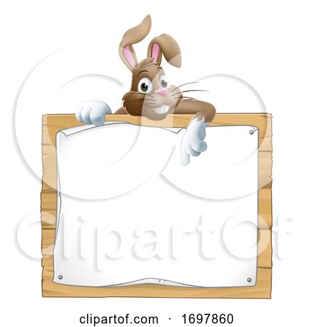 Easter Bunny Rabbit Peeking over Sign Pointing by AtStockIllustration
