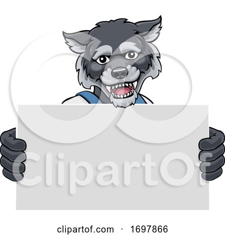 Wolf Cartoon Mascot Handyman Holding Sign by AtStockIllustration