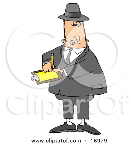 People Clipart Illustration Image of a Male Caucasian Inspector In A Hat And Suit, Writing Notes On A Clip Board While Investigating by djart