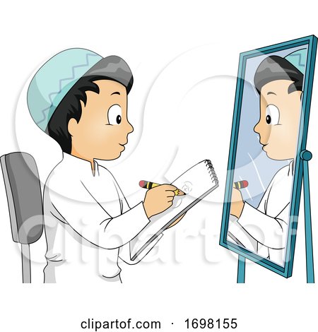Kid Boy Muslim Draw Self Mirror Illustration by BNP Design Studio