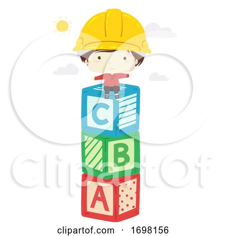 Kid Boy Hard Hat Sit Toy Blocks Illustration by BNP Design Studio
