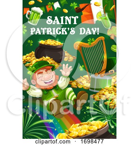 St Patrick Day, Leprechaun, Gold Coins and Rainbow by Vector Tradition SM