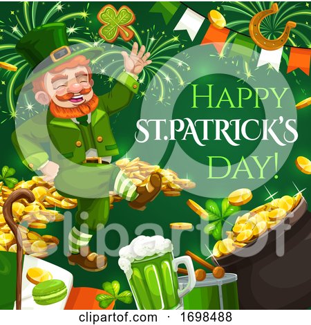 Patricks Day, Leprechaun and Gold Coins, Fireworks by Vector Tradition SM