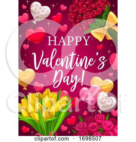 Valentines Day Red Flowers and Heart Balloons by Vector Tradition SM