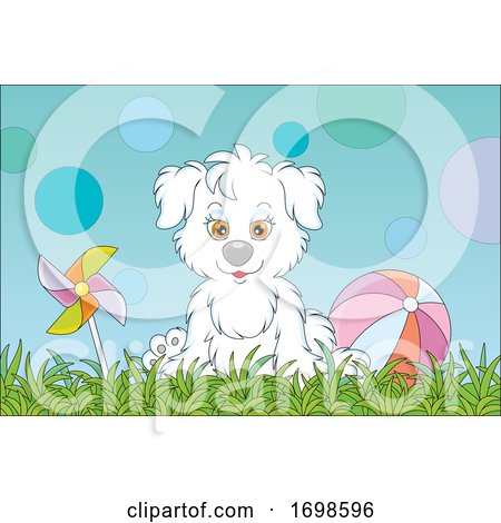 Puppy Sitting on Grass Next to a Ball and Pinwheel by Alex Bannykh