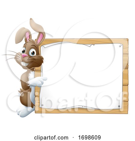 Easter Bunny Rabbit Peeking Around Sign Pointing by AtStockIllustration
