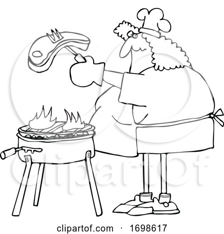 Cartoon Chubby Woman Cooking a Steak on a BBQ Grill by djart