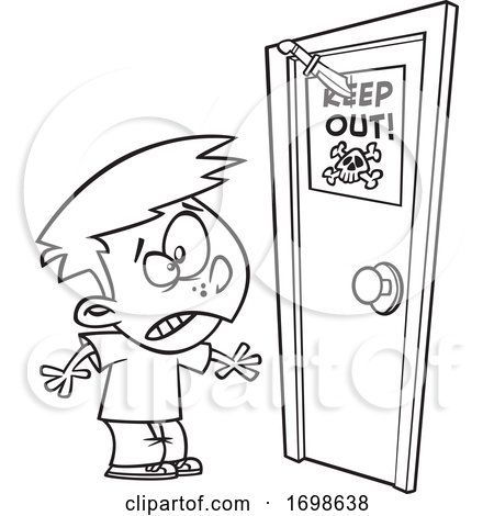 Black and White Boy Looking at a Knife Through a Keep out Sign on a Door by toonaday