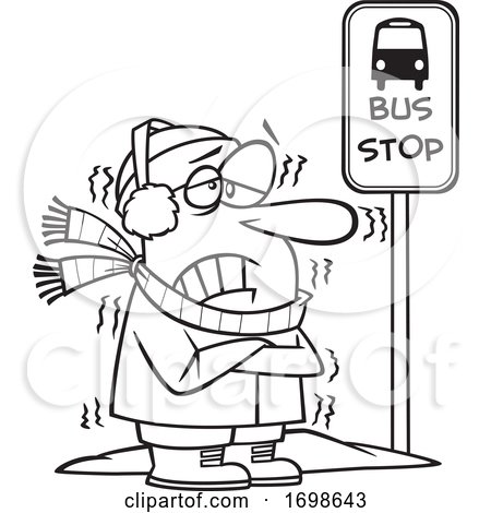 Black and White Man Shivering at a Bus Stop in Winter by toonaday