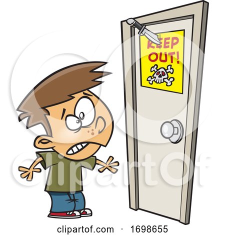 Cartoon Boy Looking at a Knife Through a Keep out Sign on a Door by toonaday