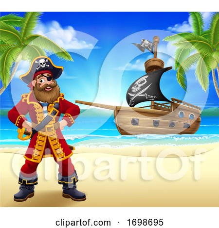 Pirate Captain Beach Ship Cartoon Background by AtStockIllustration