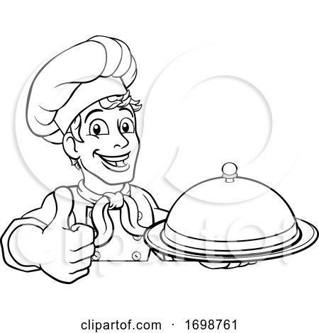 Chef Holding Plate Platter Sign Cartoon by AtStockIllustration #1698761