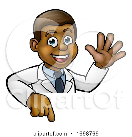 Cartoon Scientist Character Pointing at Sign by AtStockIllustration