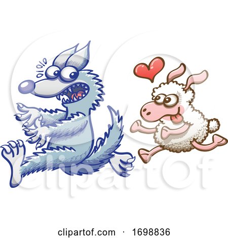 Cartoon Sheep in Love Chasing a Scared Wolf by Zooco