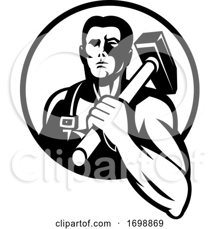 Black and White Strong Blacksmith with a Hammer on His Shoulder over a Yellow Circle by patrimonio