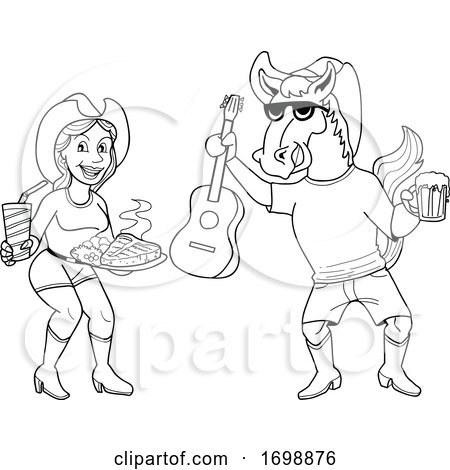 Cartoon Black and White Cowboy Horse Holding a Beer and Guitar and Girl wIth BBQ Food by LaffToon