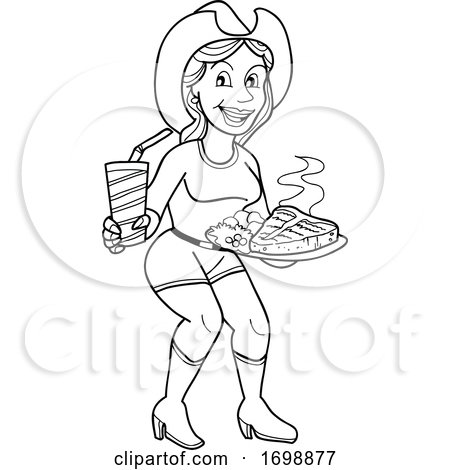 Cartoon Black and White Cowgirl Holding a Soda and Steak by LaffToon