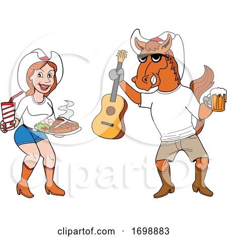 Cartoon Cowboy Horse Holding a Beer and Guitar and Girl wIth BBQ Food by LaffToon