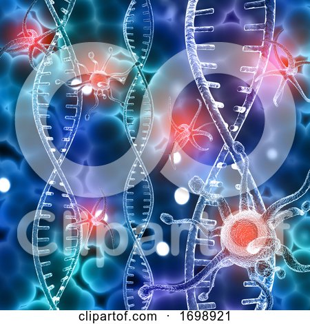 3D Medical Background with DNA Strands and Abstract Virus Cells by KJ Pargeter
