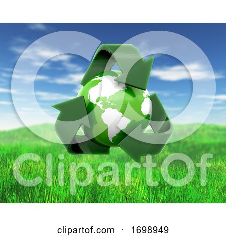 3D Globe with Recycling Symbol on Grass and Sky Landscape by KJ Pargeter