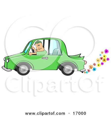 Caucasian Driving A Green Environmentally Friendly Car With Colorful Flowers Flowing Out Of The Muffler Clipart Illustration Image by djart