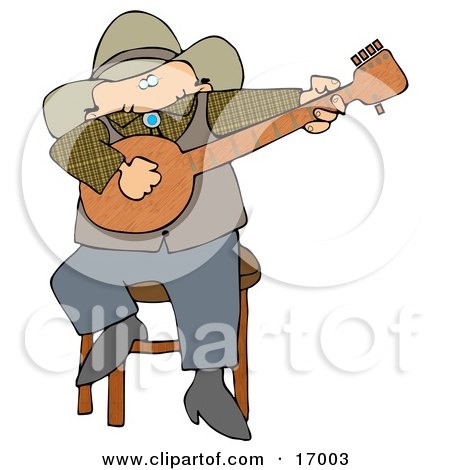 Caucasian Male Cowboy Sitting On A Stool And Playing A Banjo While Entertaining People During An Event Clipart Illustration Image by djart