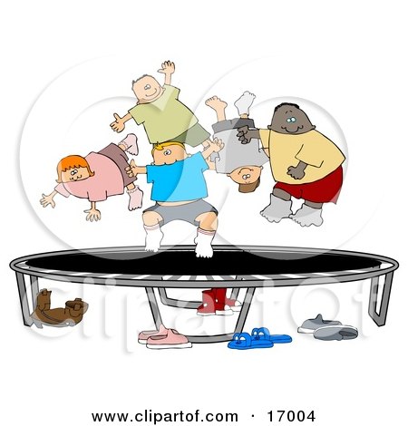 Happy Multi-Ethnic And Multi-Gender Children Jumping On A Trampoline Together While Playing Clipart Illustration Image by djart