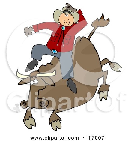 Male Caucasian Cowboy Holding Onto His Hat While Riding A Bucking Bronco Bull During A Rodeo Clipart Illustration Image by djart