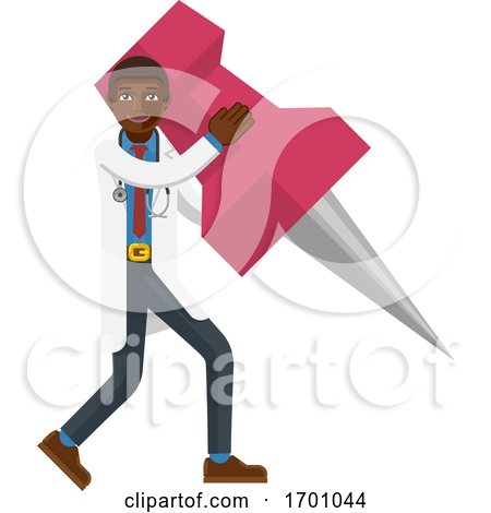 Black Doctor Man Holding Thumb Tack Pin Mascot by AtStockIllustration