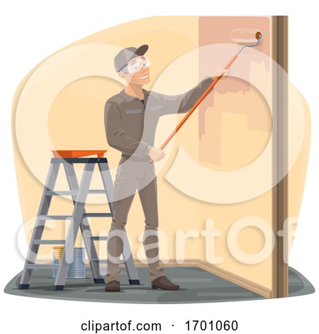 Happy Male Worker Painting a Wall by Vector Tradition SM