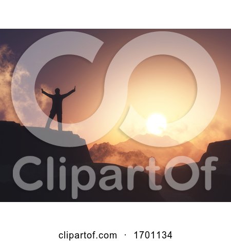 3D Male Figure with Arms Raised Stood on Mountain Against Sunset Sky by KJ Pargeter