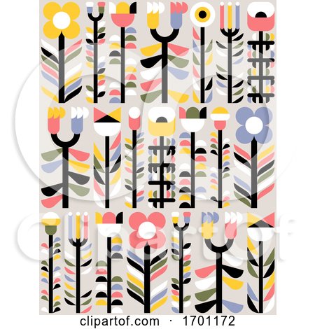 Vector Seamless Pattern in Simple Flat Geometric Style of Abstract Floral Card with Cute Flowers and Herbs Pastel Color Greeting Card Banner Orwallpaper with Naive Blossoming Plants by elena