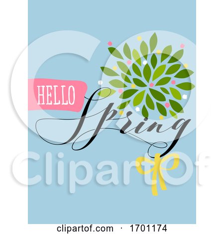 Vector Illustration in Simple Flat Style of Abstract Floral Card with Cute Blossoming Bush and Hello Spring Lettering Pastel Color Greeting Card Banner Cover Design Template or Social Media Story Wallpaper with Elegant Flowers and Leaves by elena