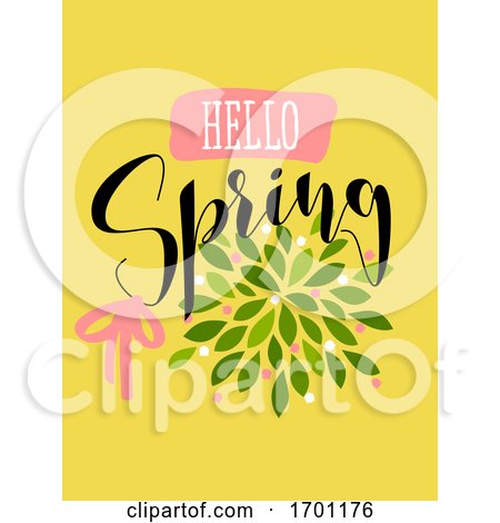 Vector Illustration in Simple Flat Style of Abstract Floral Card with Cute Blossoming Bush and Hello Spring Lettering Pastel Color Greeting Card Banner Cover Design Template or Social Media Story Wallpaper with Elegant Flowers and Leaves by elena