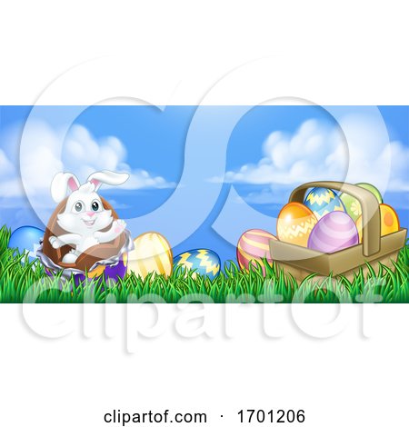 Easter Bunny Rabbit Breaking Chocolate Egg Scene by AtStockIllustration