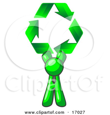 Lime Green Man Holding Up Three Green Arrows Forming A Triangle And Moving In A Clockwise Motion, Symbolizing Renewable Energy And Recycling Clipart Illustration by Leo Blanchette