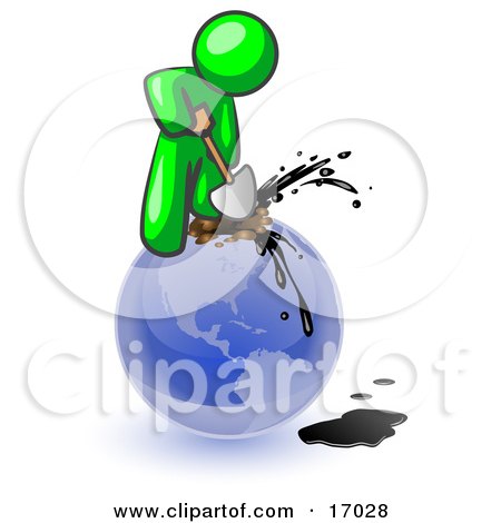 Lime Green Man Using A Shovel To Drill Oil Out Of Planet Earth Clipart Illustration by Leo Blanchette