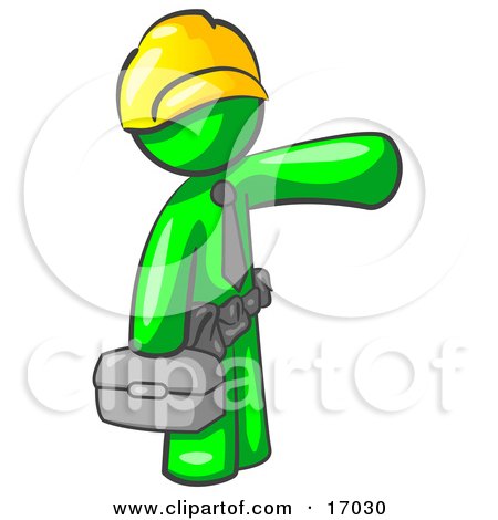 Lime Green Man, A Construction Worker, Handyman Or Electrician, Wearing A Yellow Hardhat And Tool Belt And Carrying A Metal Toolbox While Pointing To The Right Clipart Illustration by Leo Blanchette