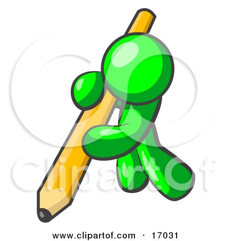 Lime Green Man Using All Of His Strength To Hold Up And Write With A Giant Yellow Number Two Pencil Clipart Illustration by Leo Blanchette