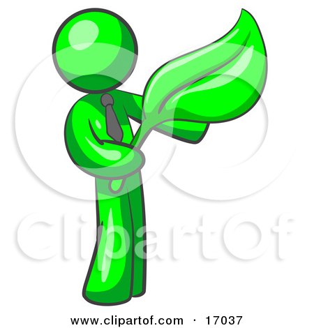Lime Green Man Holding A Green Leaf, Symbolizing Gardening, Landscaping Or Organic Products Clipart Illustration by Leo Blanchette