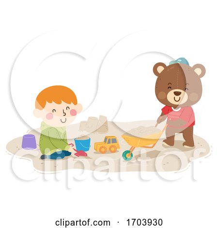 Kid Boy Teddy Bear Play Sand Illustration by BNP Design Studio