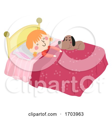 Kid Girl Pet Dog Love Sleep in Bed Illustration by BNP Design Studio