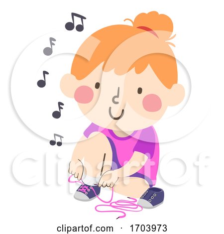 Kid Girl Shoe Tying Listen Music Illustration by BNP Design Studio